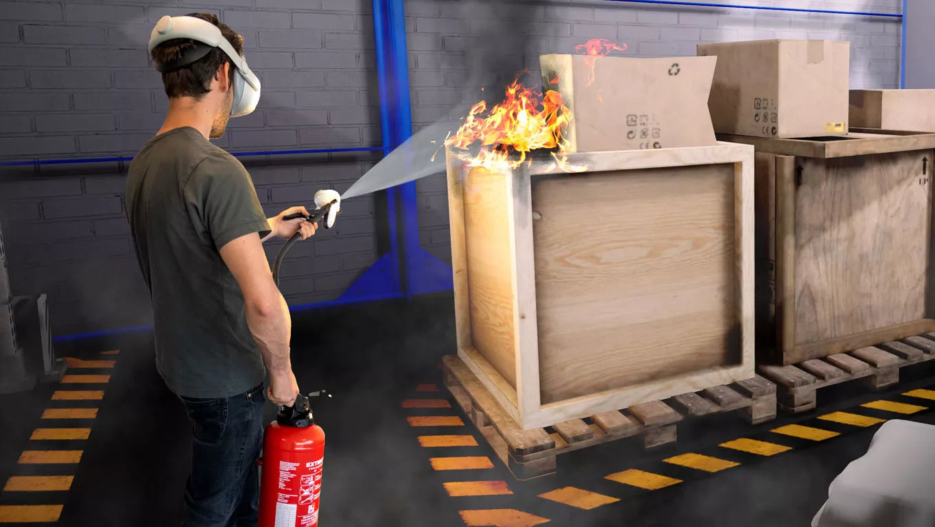 extinction avec lunette réalité virtuel dans un entrepôt