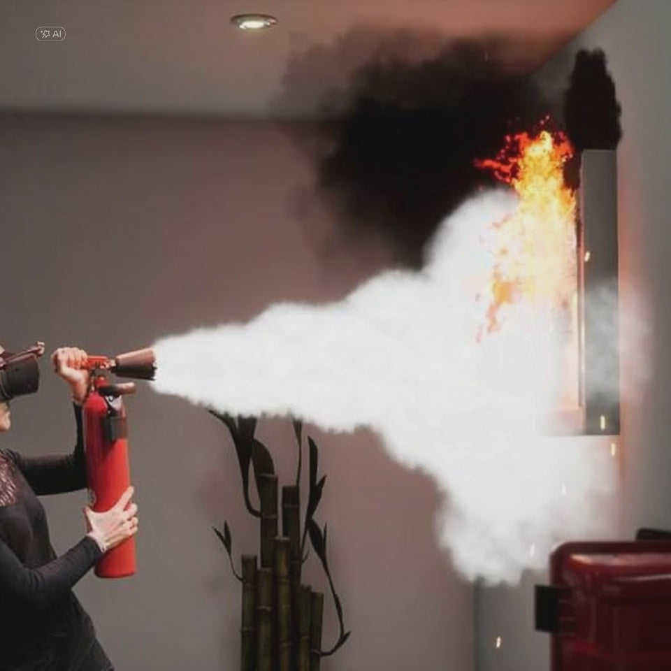 Une employée en formation avec lunette réalité virtuelle entraîne éteindre un tableau électrique en feu 